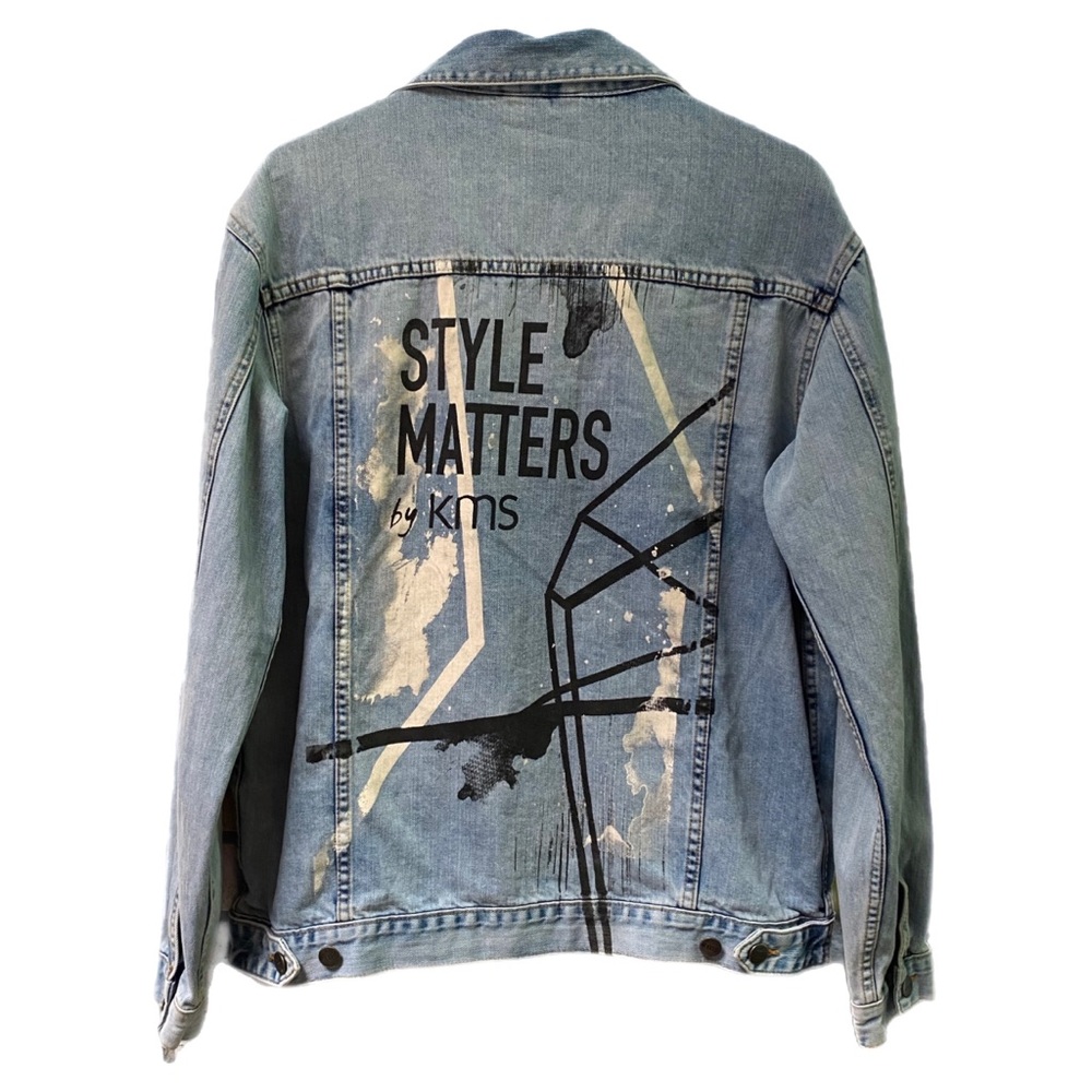 KMS Style Matters Jean Jacket Graffiti Paint White Black Classic Trucker Denim